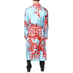 Blue Red Coral Print Wrap Robe Coat Jacket