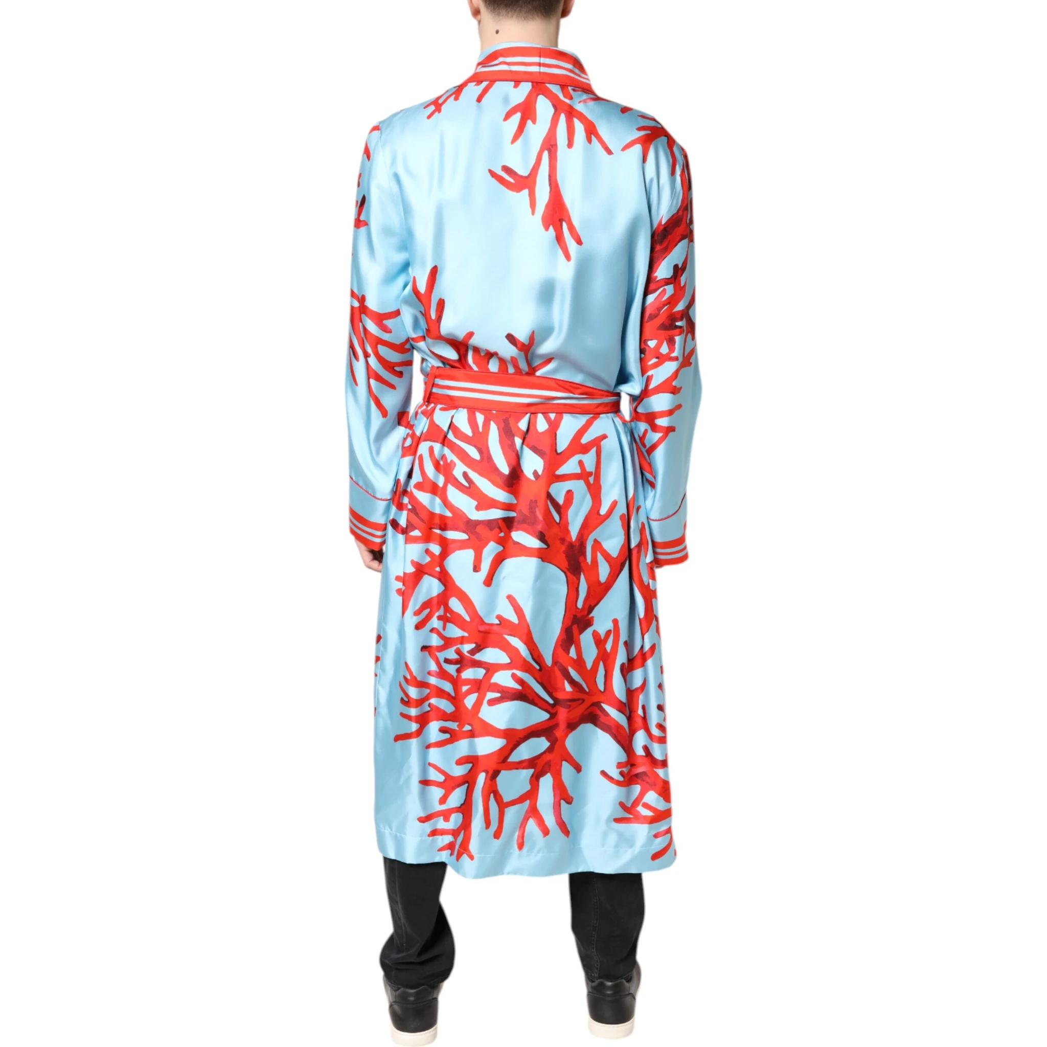 Blue Red Coral Print Wrap Robe Coat Jacket
