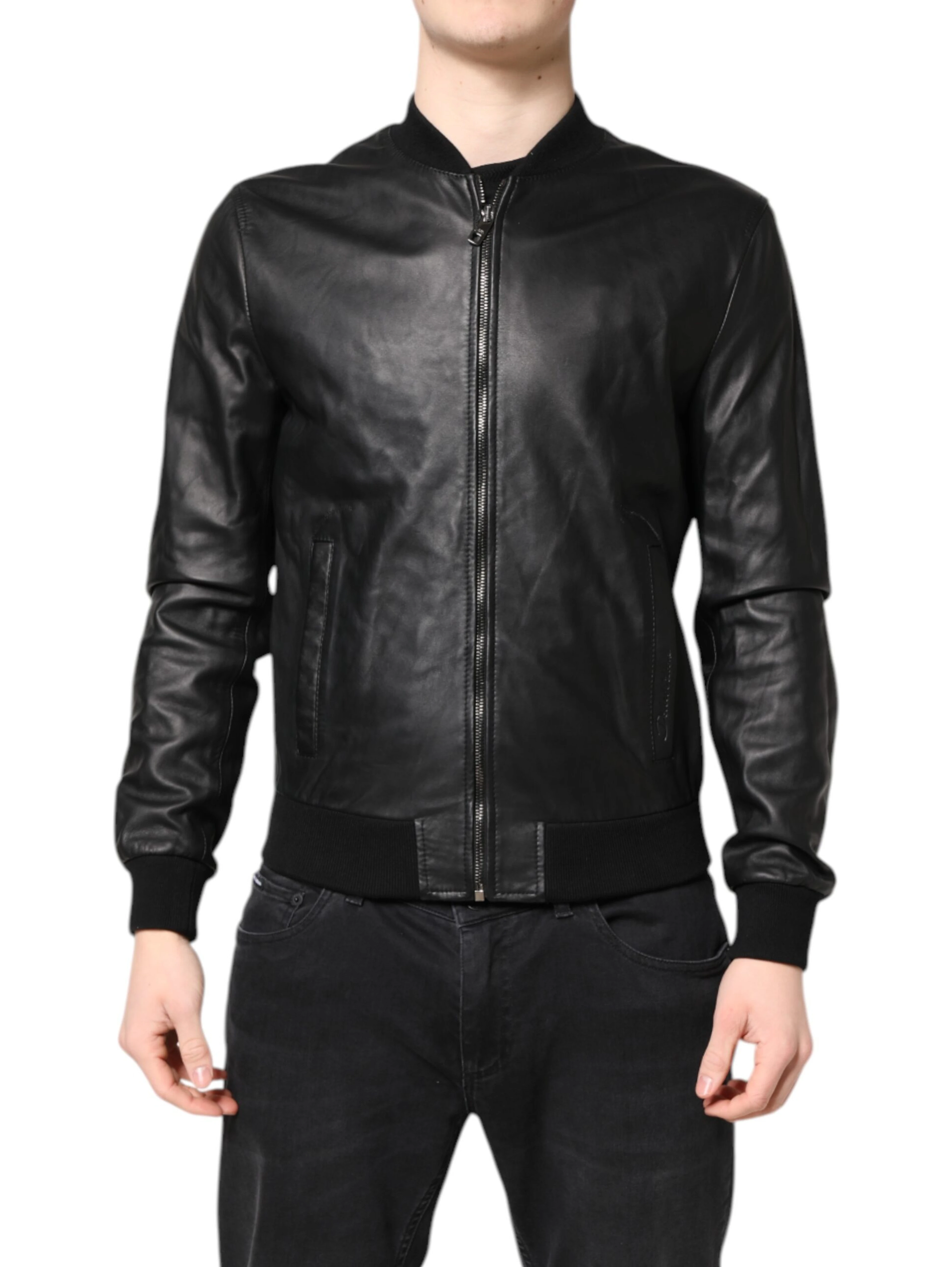 Black Lambskin Leather Full Zip Biker Jacket
