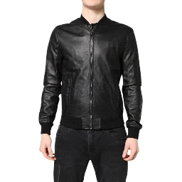 Black Lambskin Leather Full Zip Biker Jacket