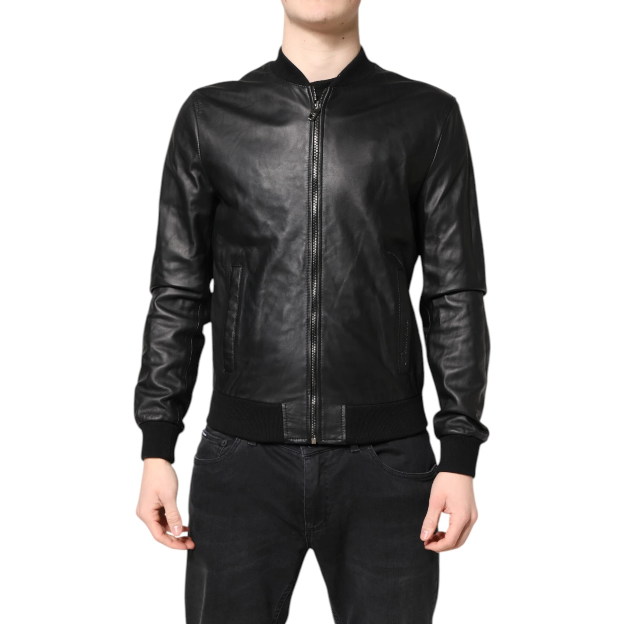 Black Lambskin Leather Full Zip Biker Jacket