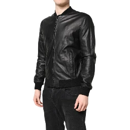 Black Lambskin Leather Full Zip Biker Jacket