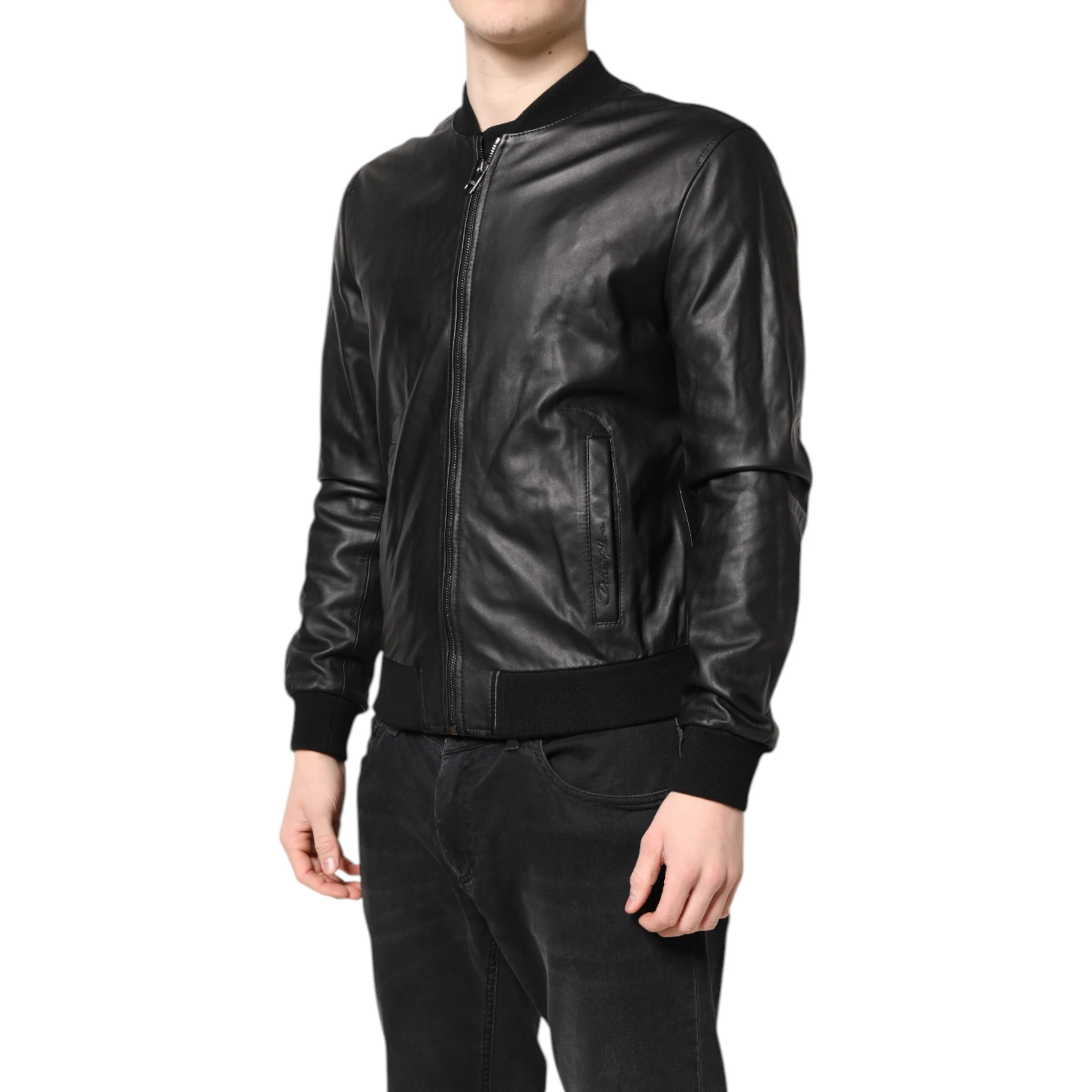 Black Lambskin Leather Full Zip Biker Jacket