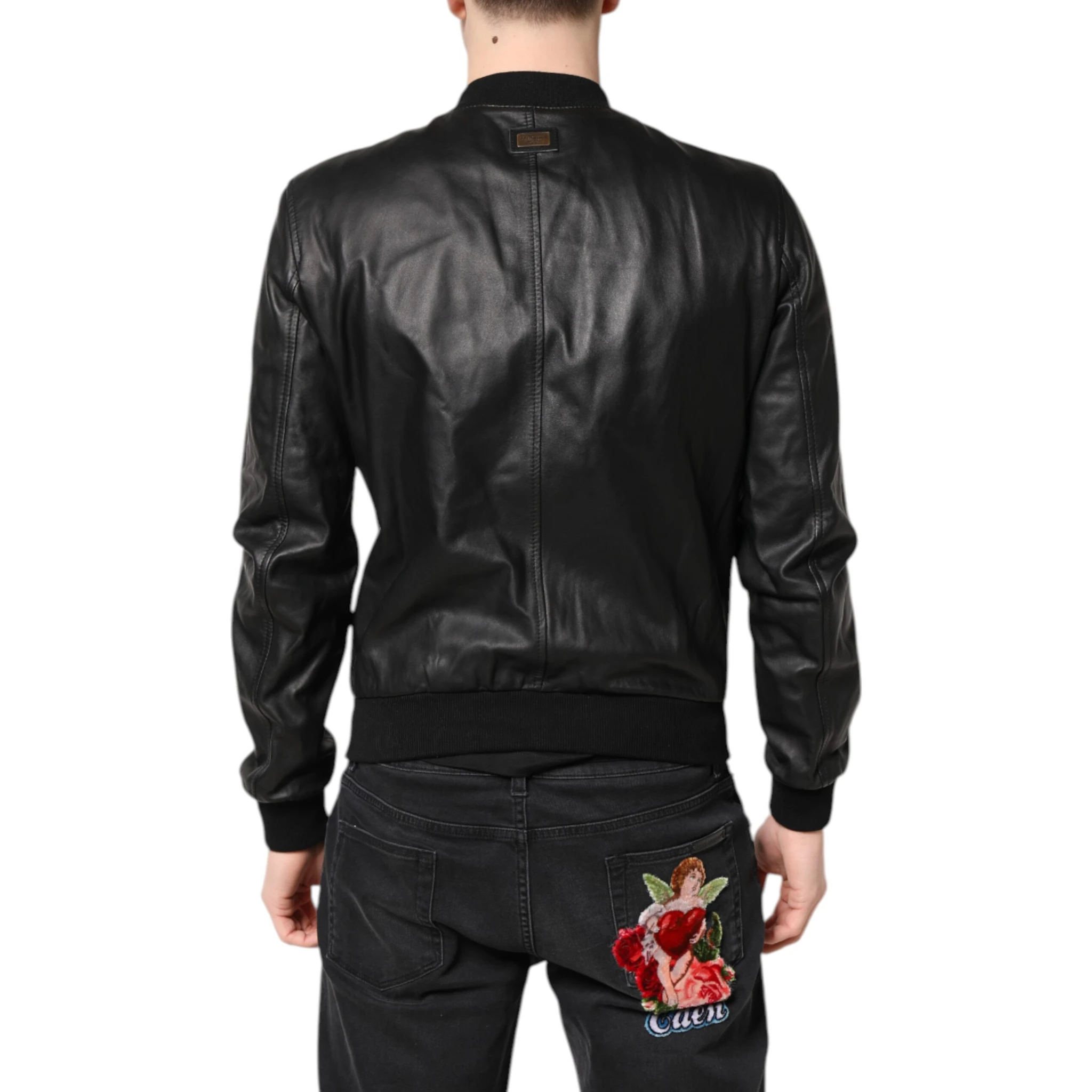 Black Lambskin Leather Full Zip Biker Jacket