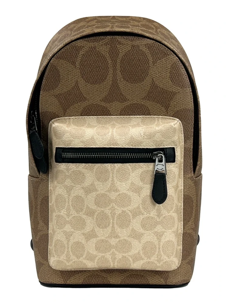 West Color Block Leather Sling Pack Backpack Bag Sand