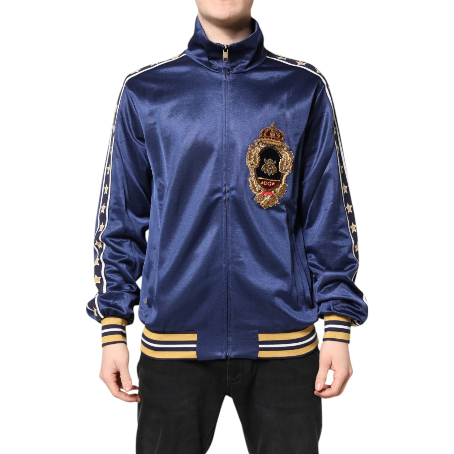 Blue Nylon Logo Patch Men Bomber Sweater