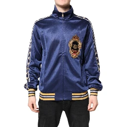 Blue Nylon Logo Patch Men Bomber Sweater