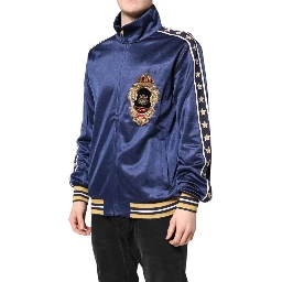 Blue Nylon Logo Patch Men Bomber Sweater