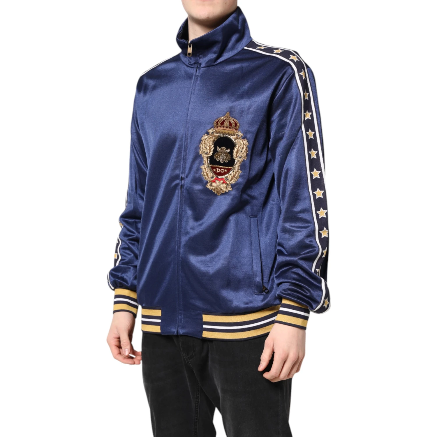 Blue Nylon Logo Patch Men Bomber Sweater