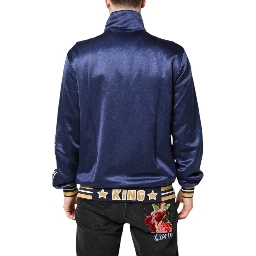 Blue Nylon Logo Patch Men Bomber Sweater