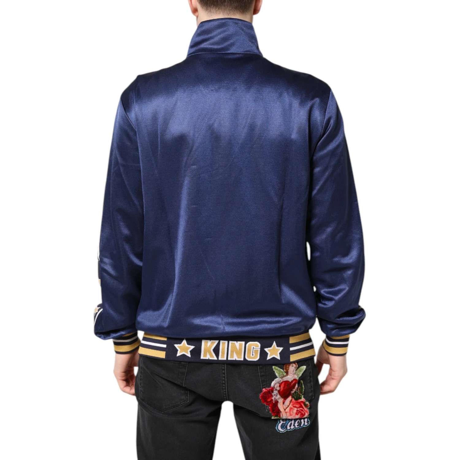 Blue Nylon Logo Patch Men Bomber Sweater