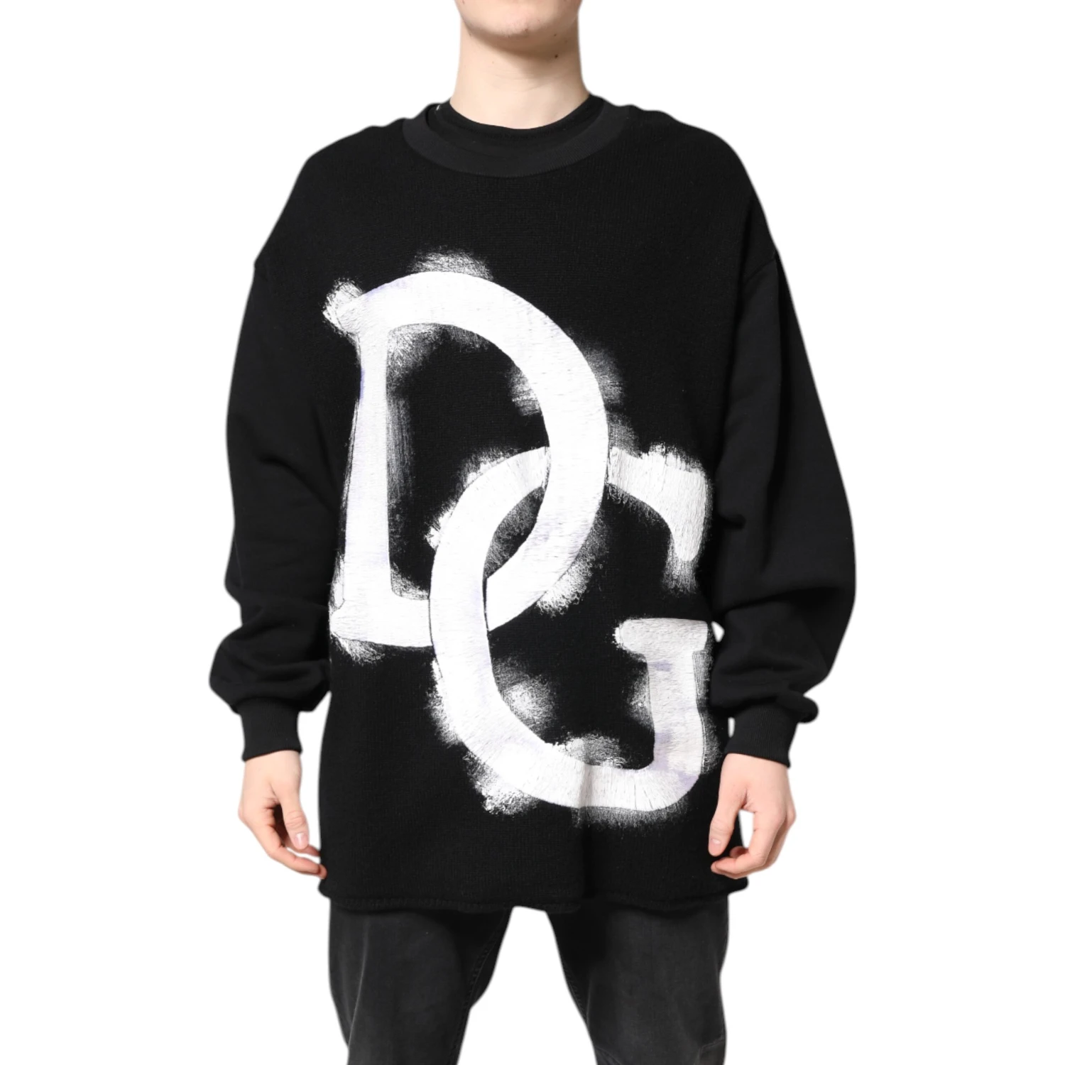 Black Cotton Logo Print Men Pullover Sweater