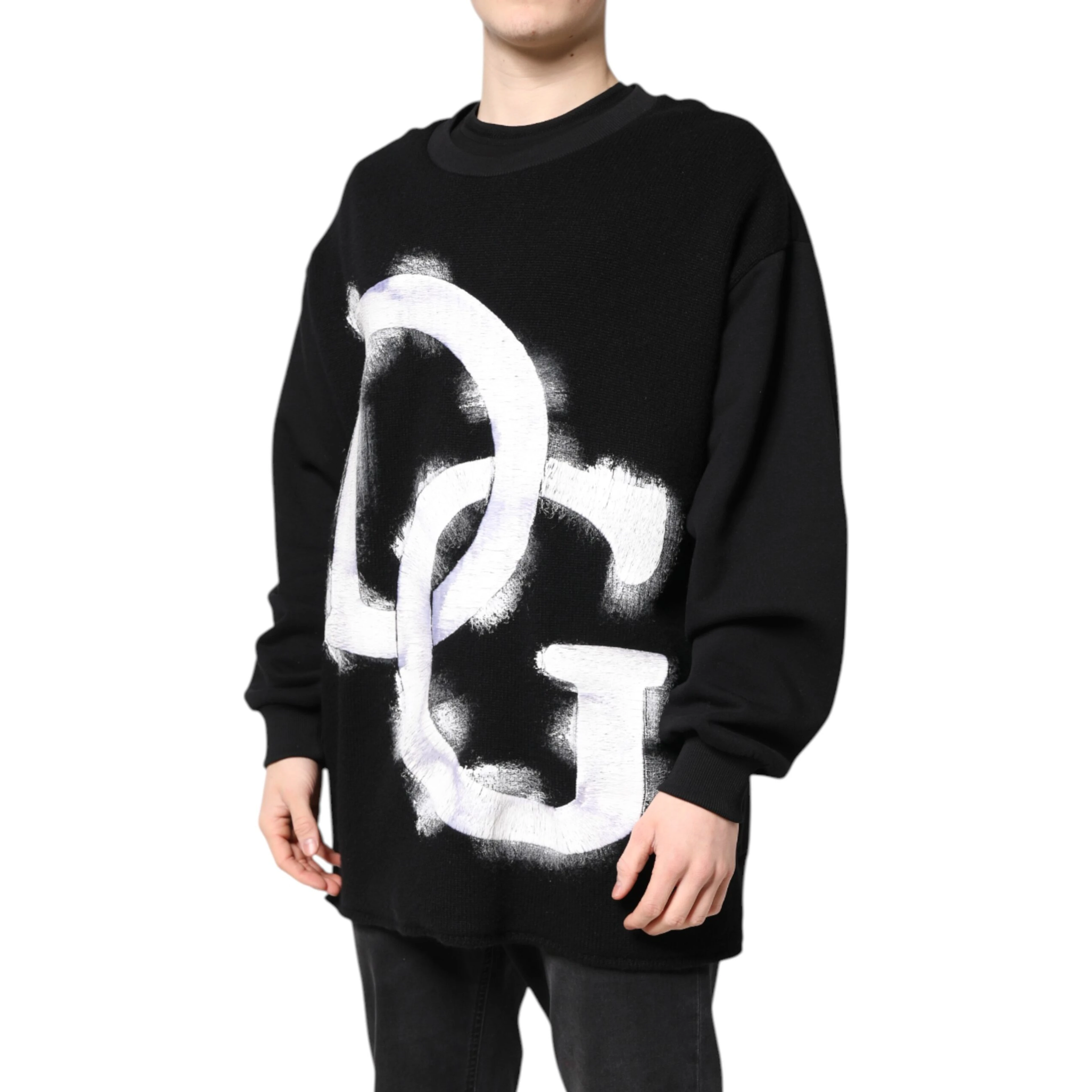 Black Cotton Logo Print Men Pullover Sweater