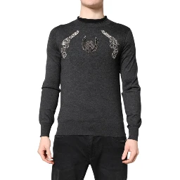 Gray Embroidery Knit Men Pullover Sweater