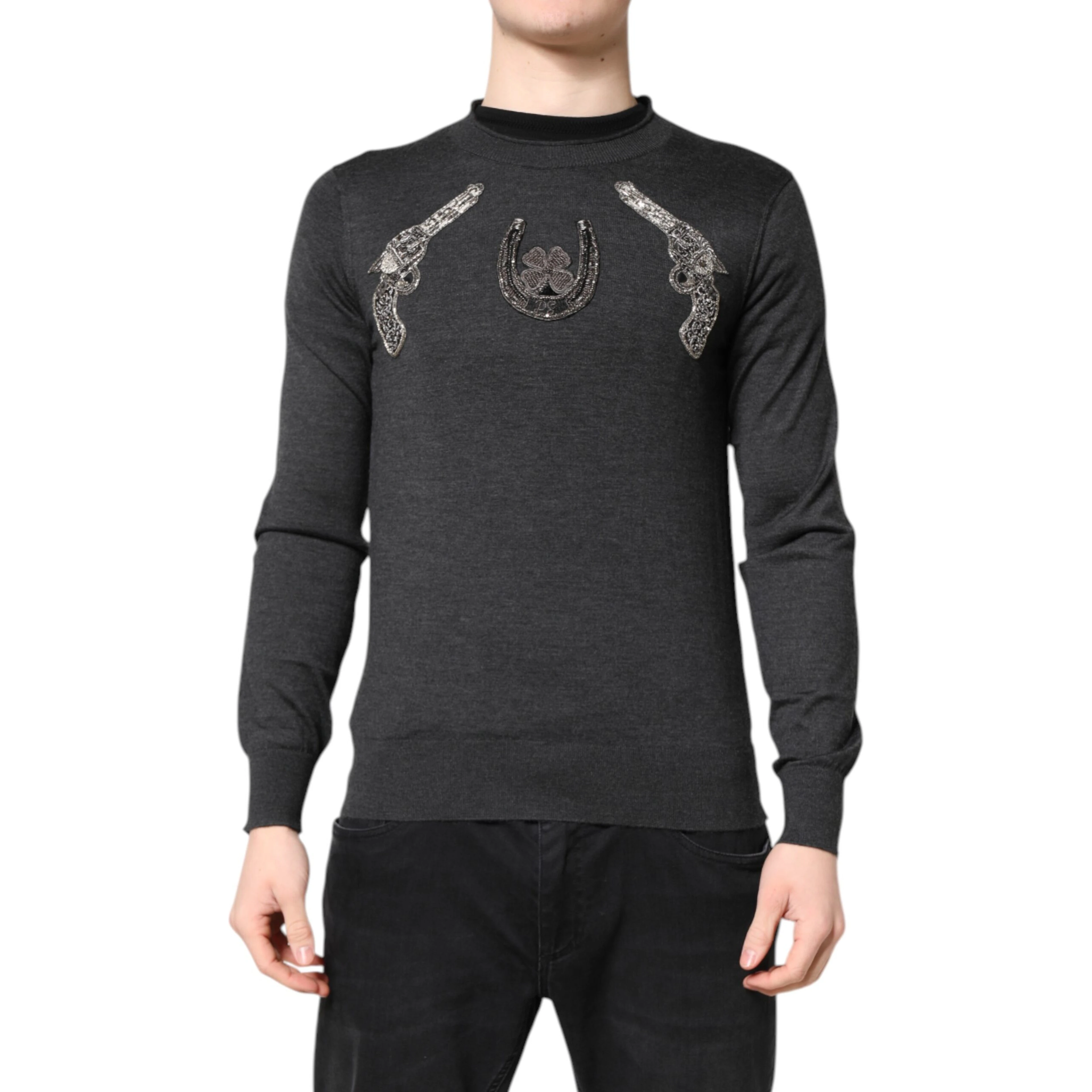 Gray Embroidery Knit Men Pullover Sweater