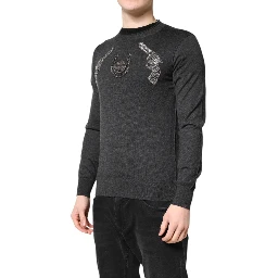 Gray Embroidery Knit Men Pullover Sweater