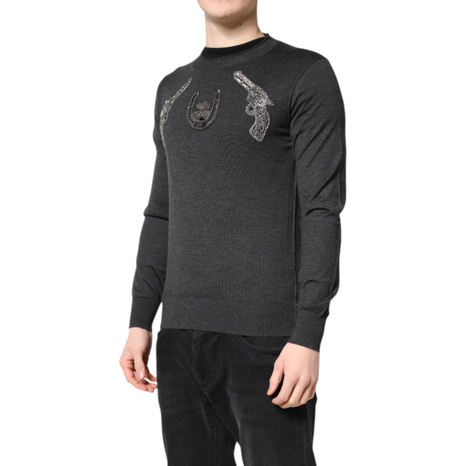Gray Embroidery Knit Men Pullover Sweater