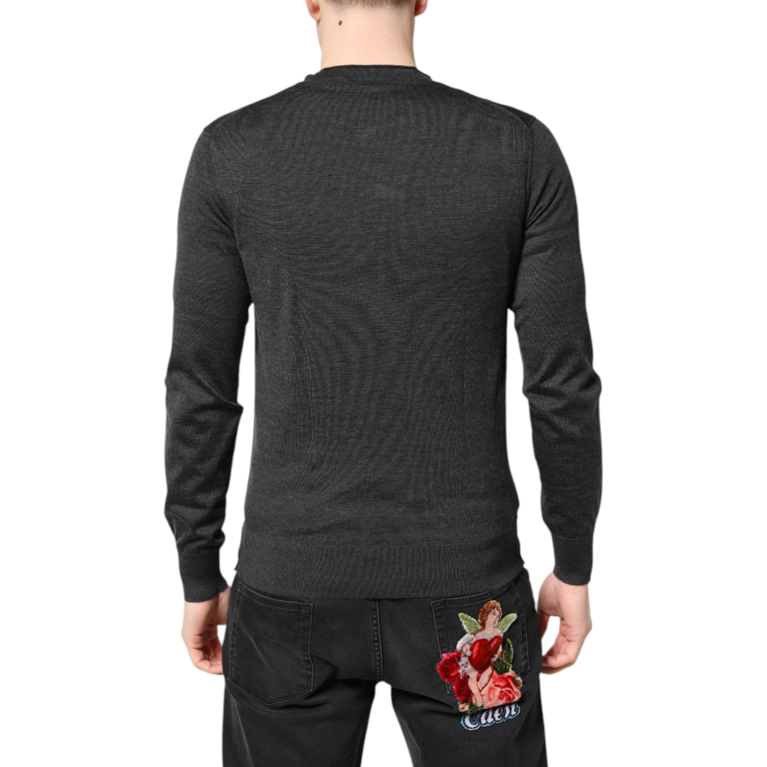 Gray Embroidery Knit Men Pullover Sweater