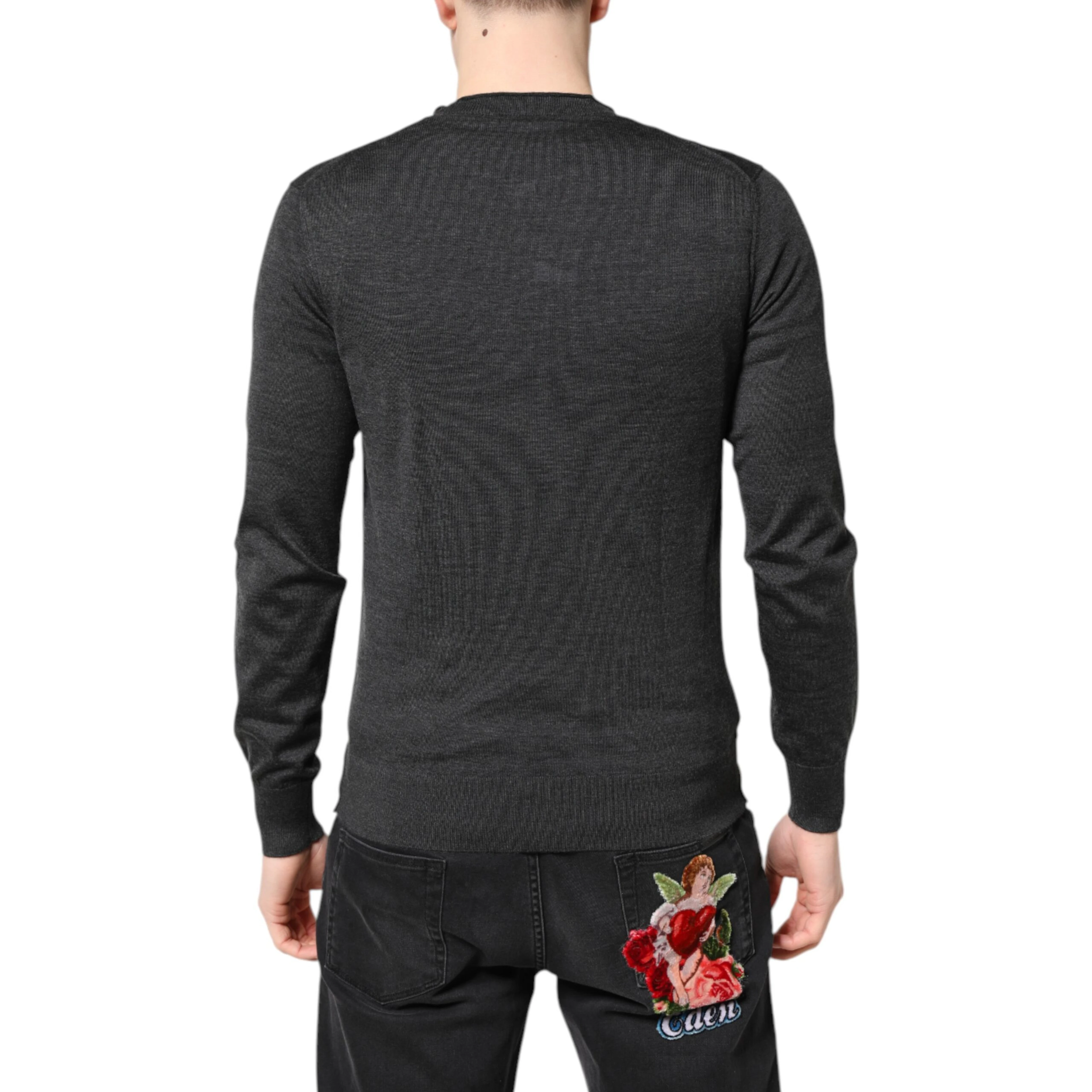 Gray Embroidery Knit Men Pullover Sweater