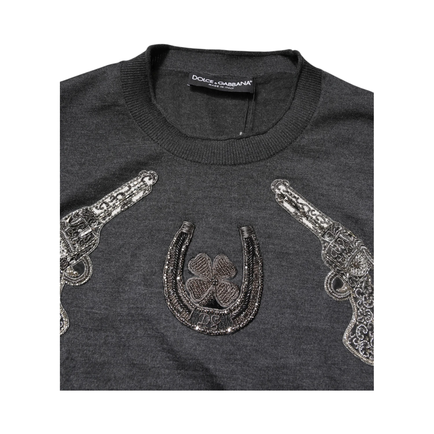 Gray Embroidery Knit Men Pullover Sweater