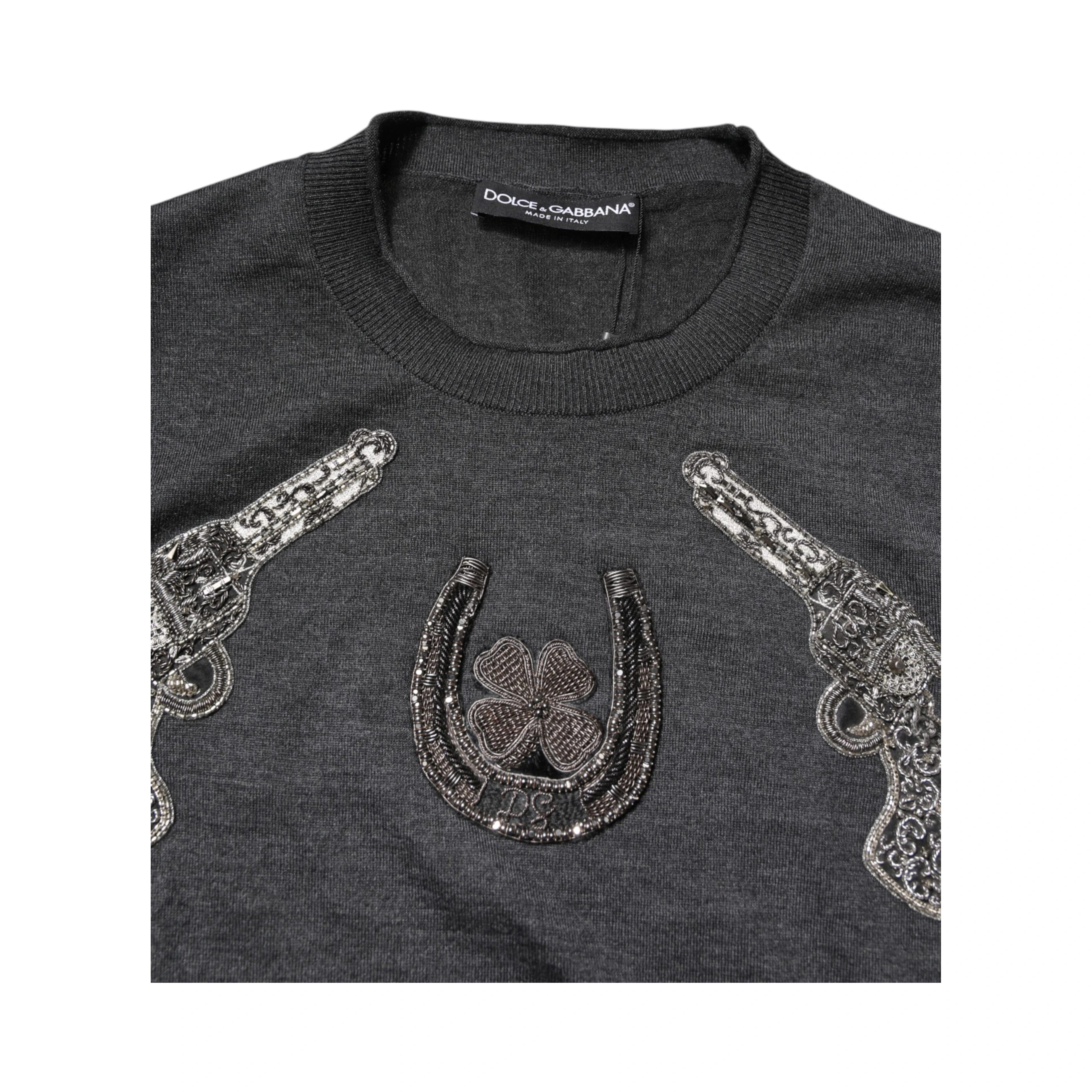 Gray Embroidery Knit Men Pullover Sweater
