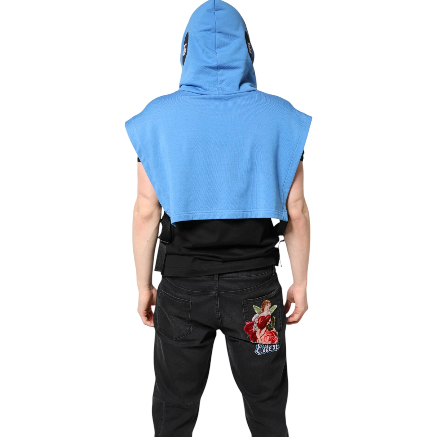 Blue Cotton Hooded Men Sportswear Vest Sweater