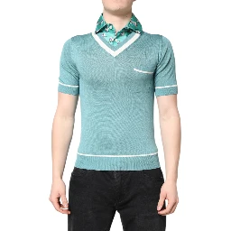 Green Printed Collared Short Sleeve T-shirt