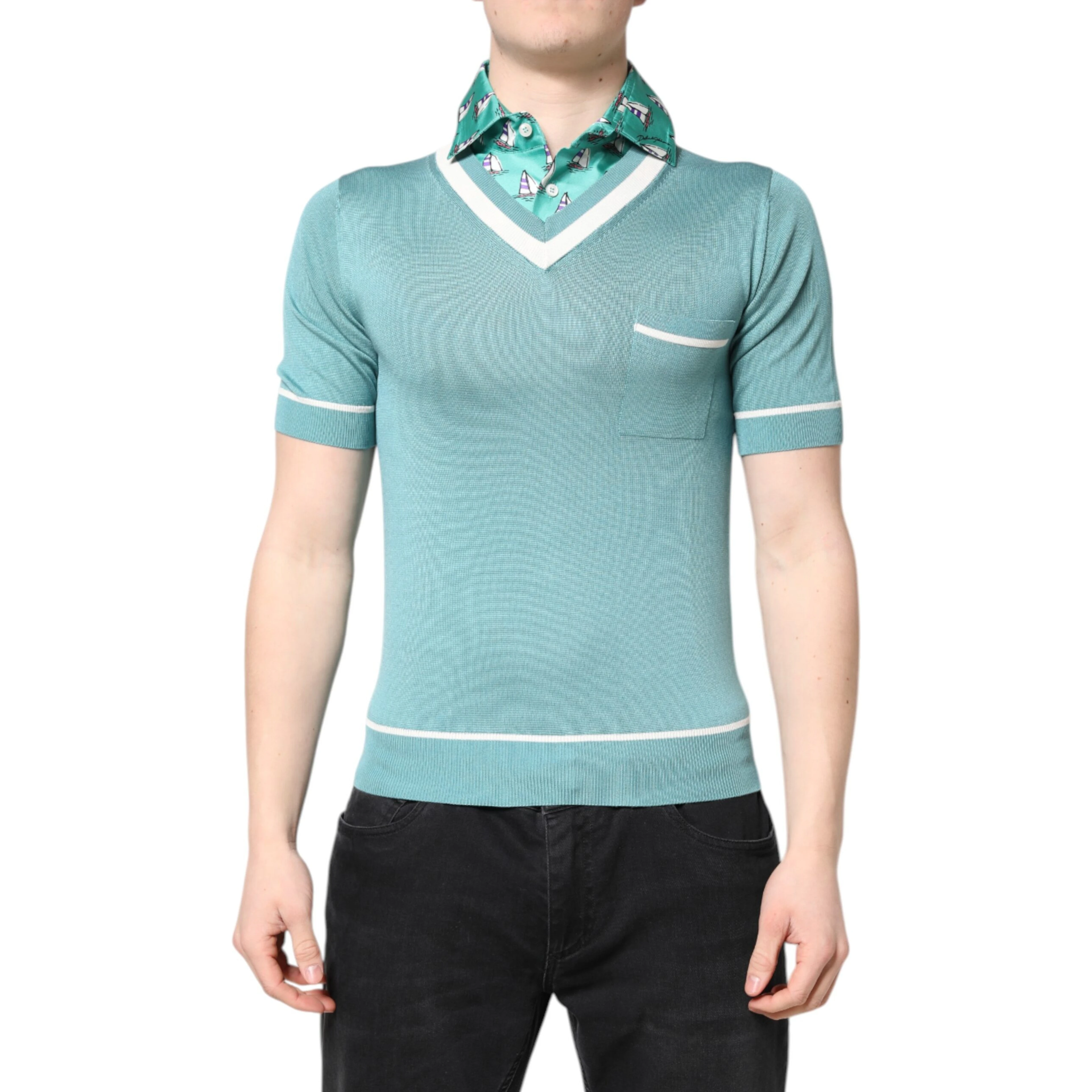 Green Printed Collared Short Sleeve T-shirt