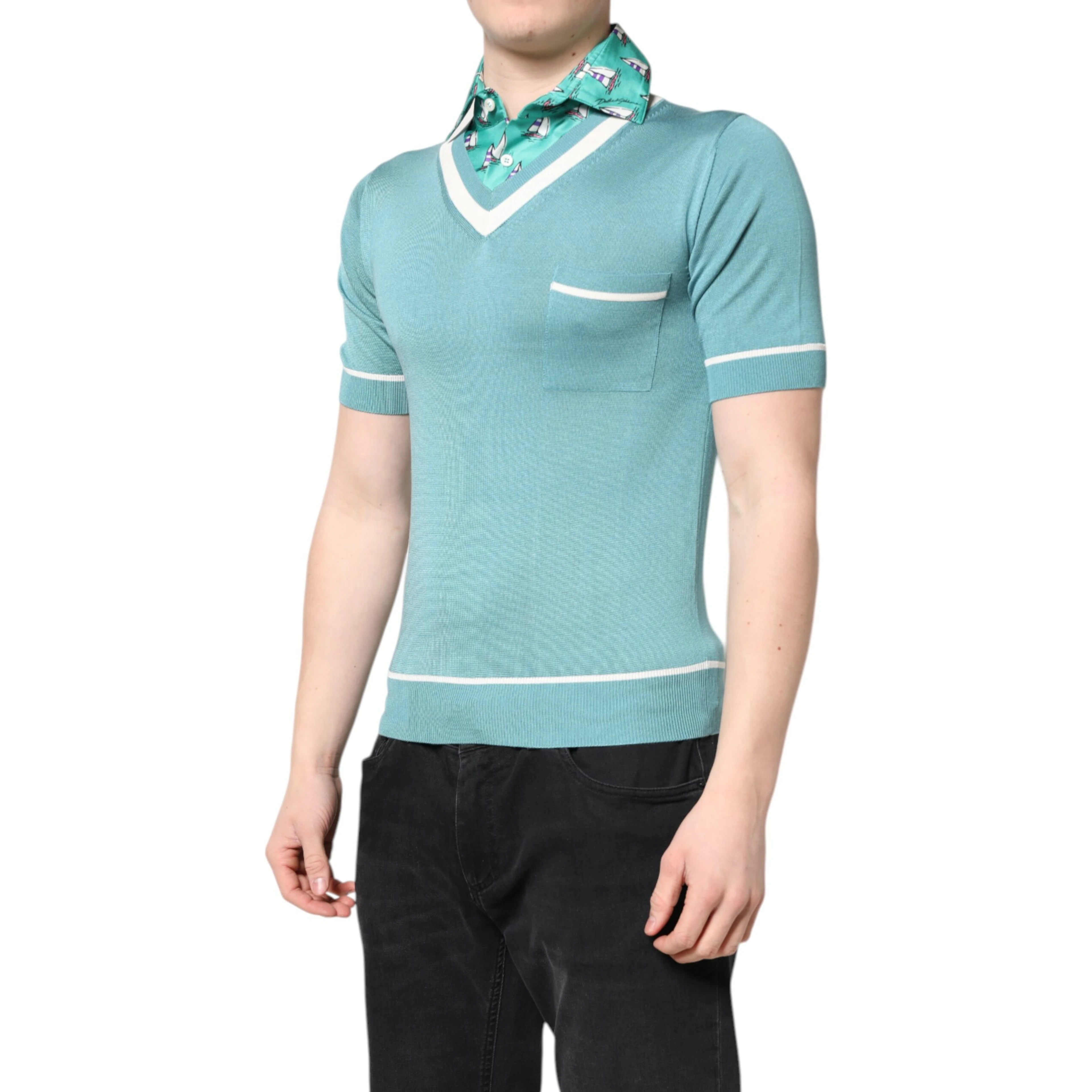 Green Printed Collared Short Sleeve T-shirt