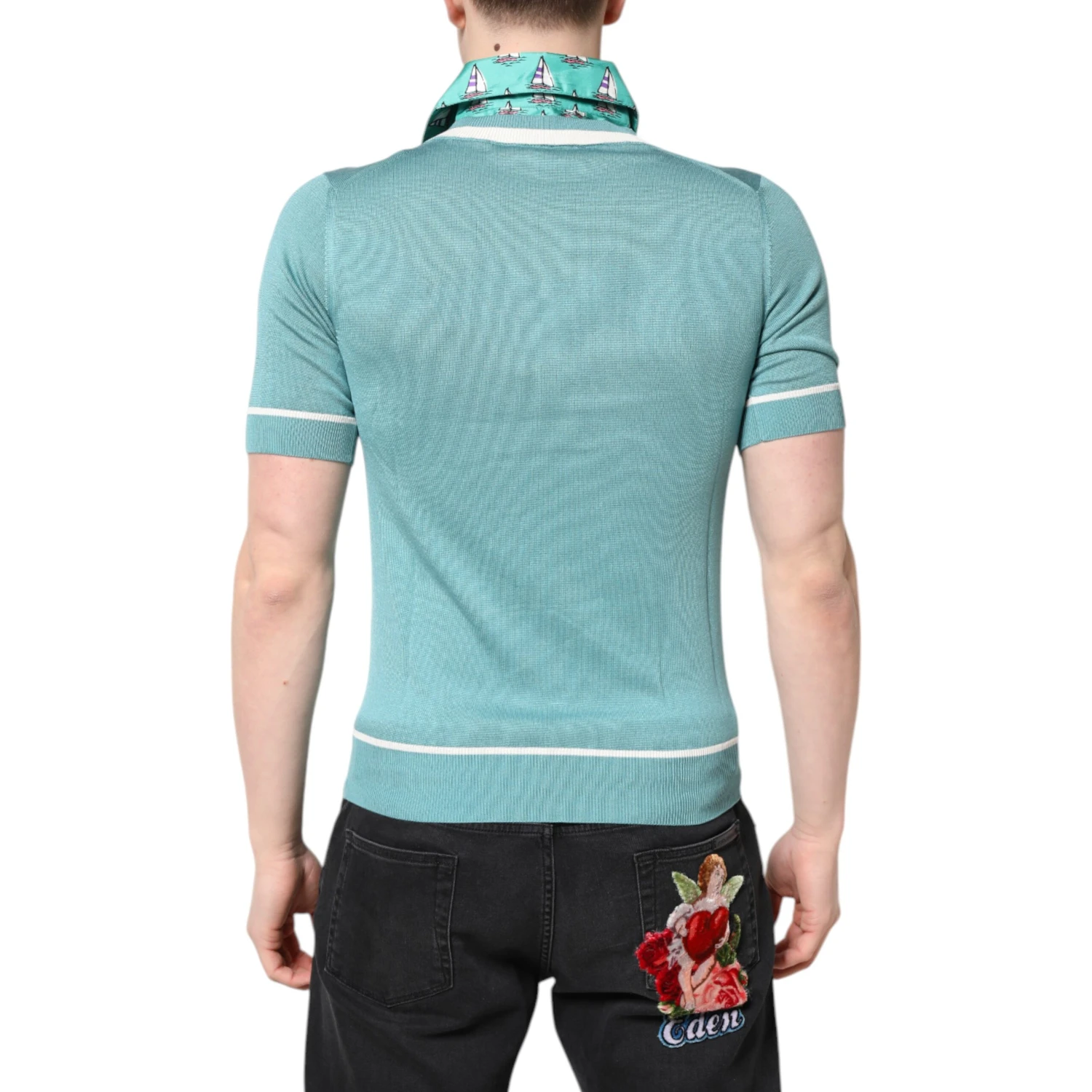 Green Printed Collared Short Sleeve T-shirt