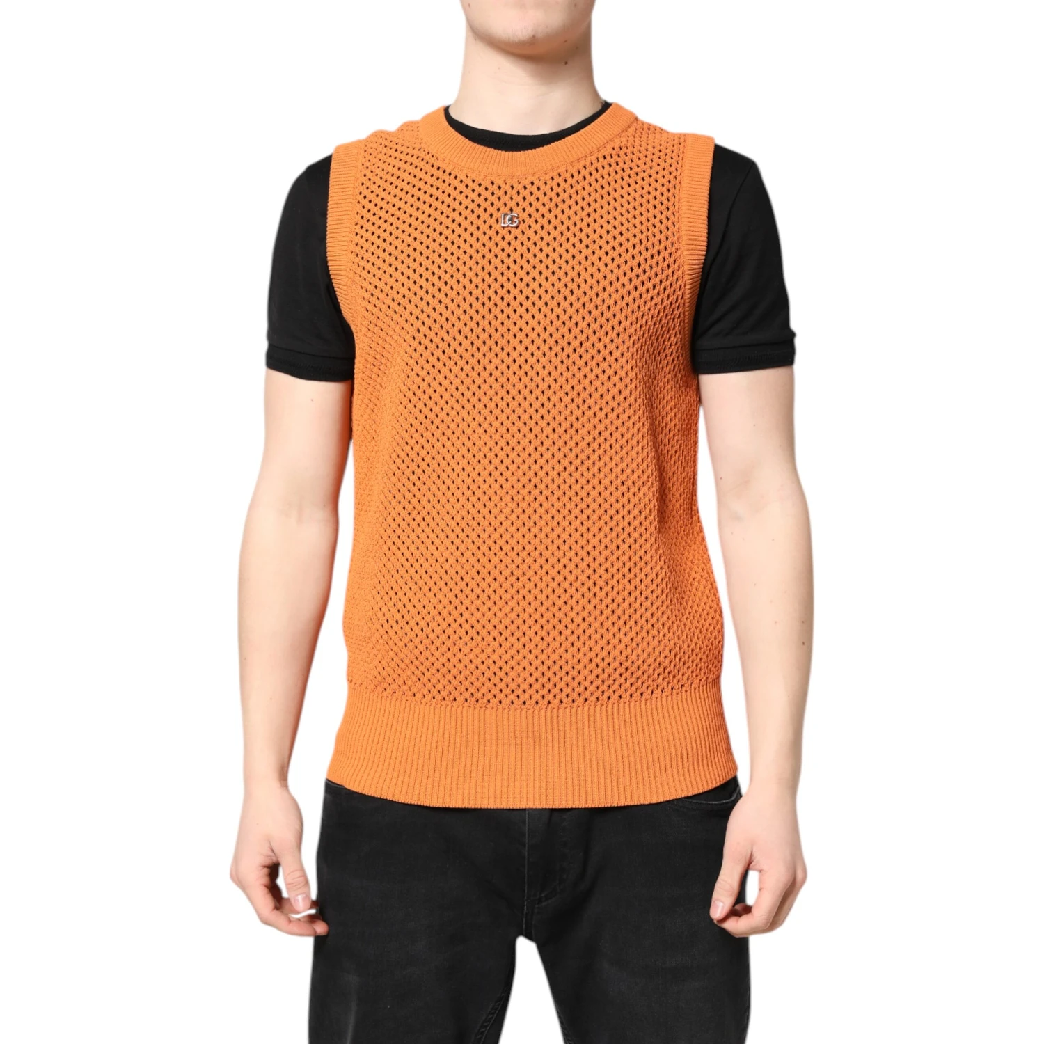 Orange Cashmere Round Neck Sleeveless T-shirt