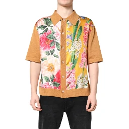 Brown Floral Collared Short Sleeve T-shirt
