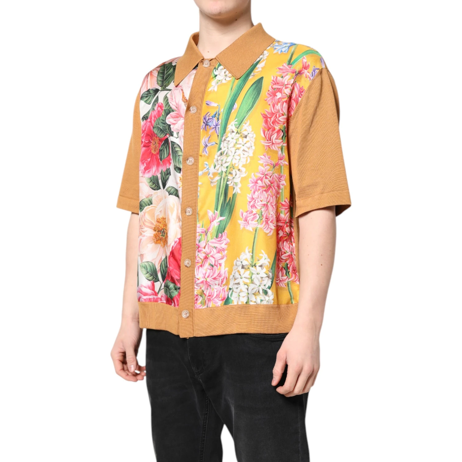 Brown Floral Collared Short Sleeve T-shirt