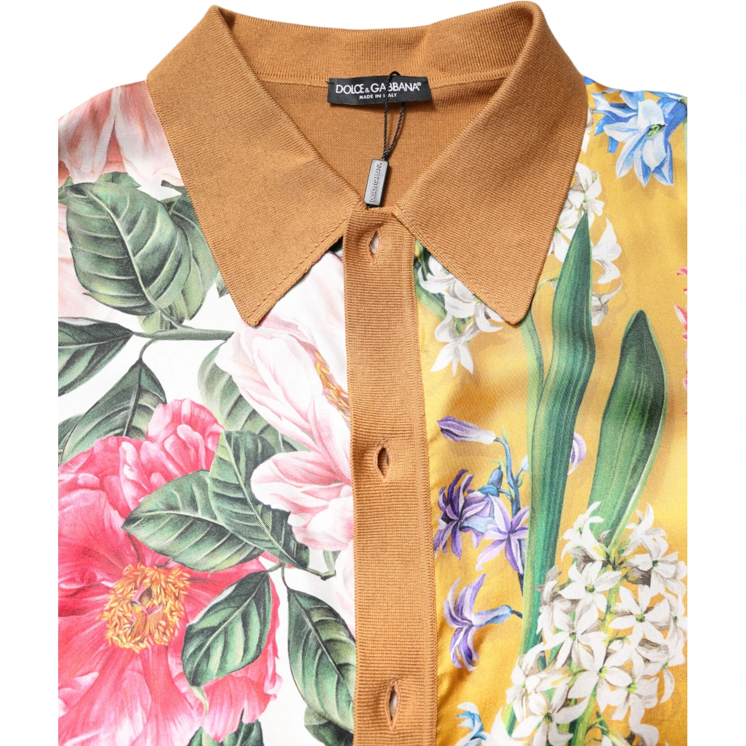 Brown Floral Collared Short Sleeve T-shirt