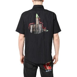 Black Printed Short Sleeves Collared Men Casual Shirt