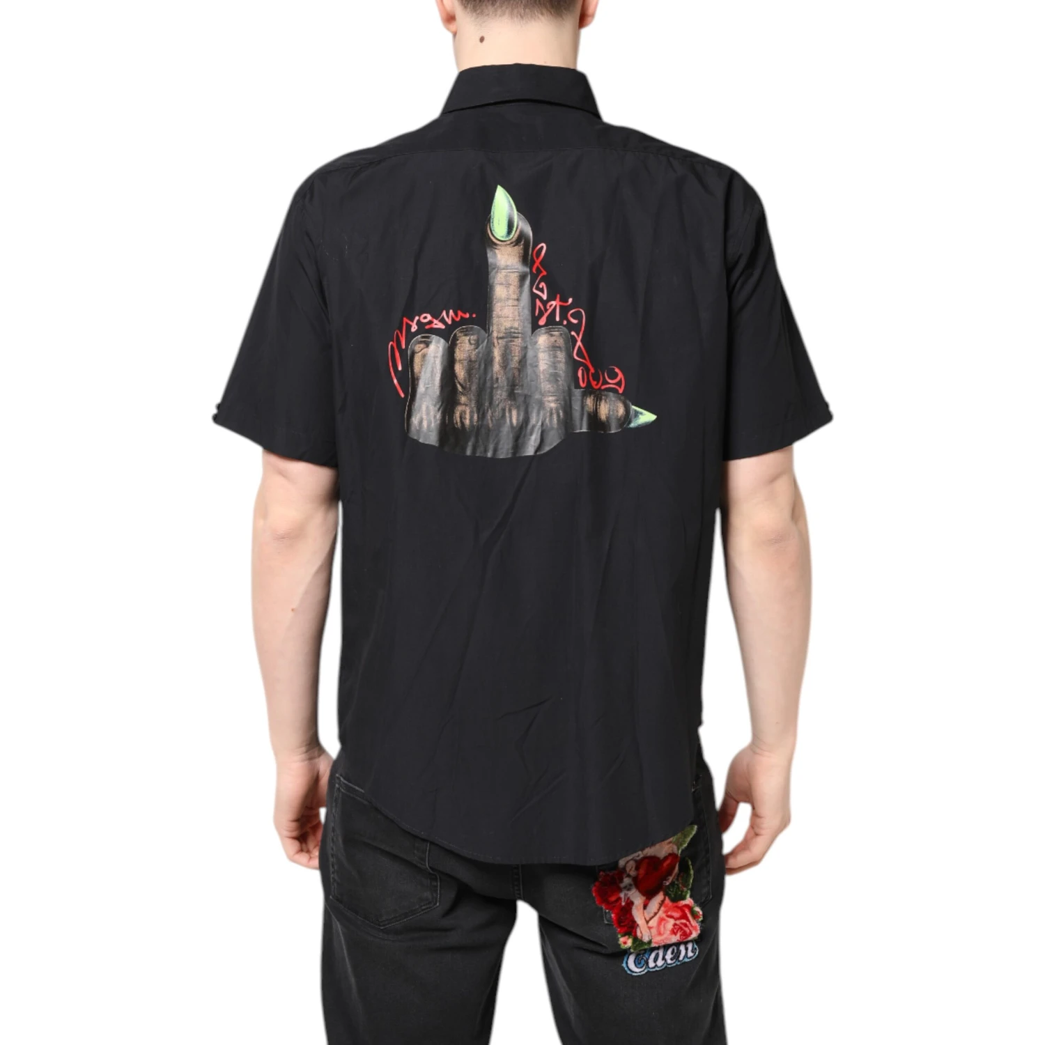 Black Printed Short Sleeves Collared Men Casual Shirt