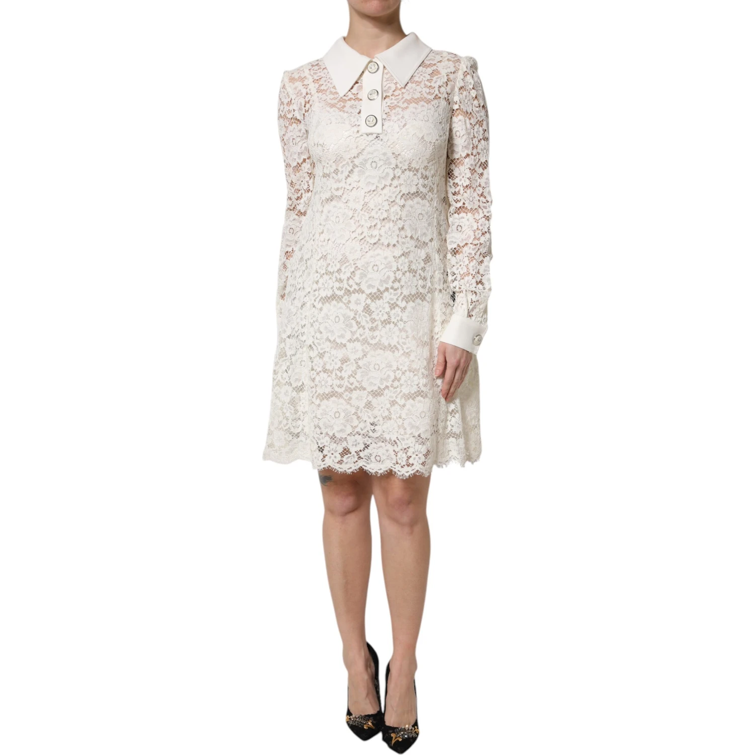 White Floral Lace Long Sleeves Shift Dress