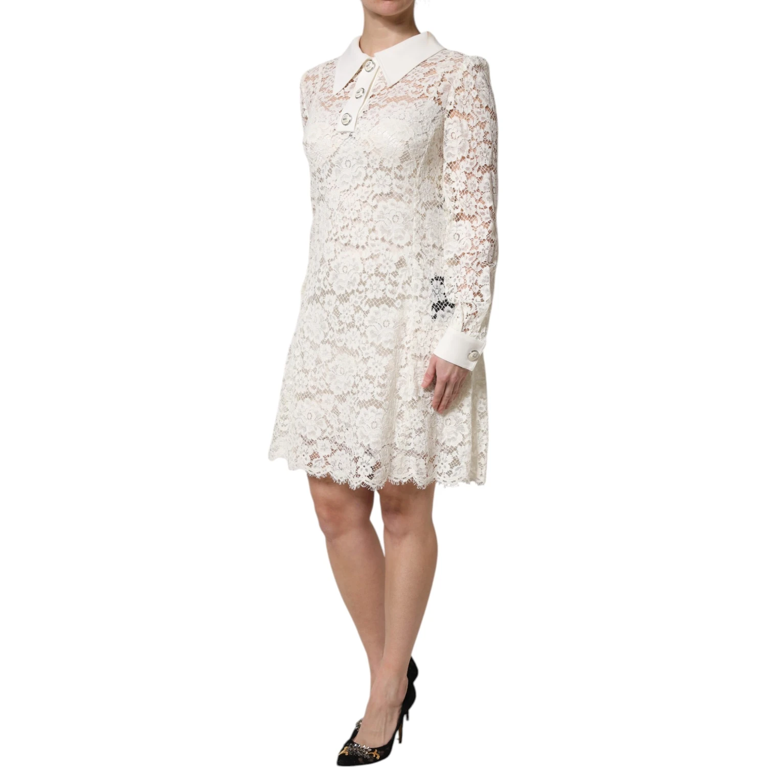 White Floral Lace Long Sleeves Shift Dress