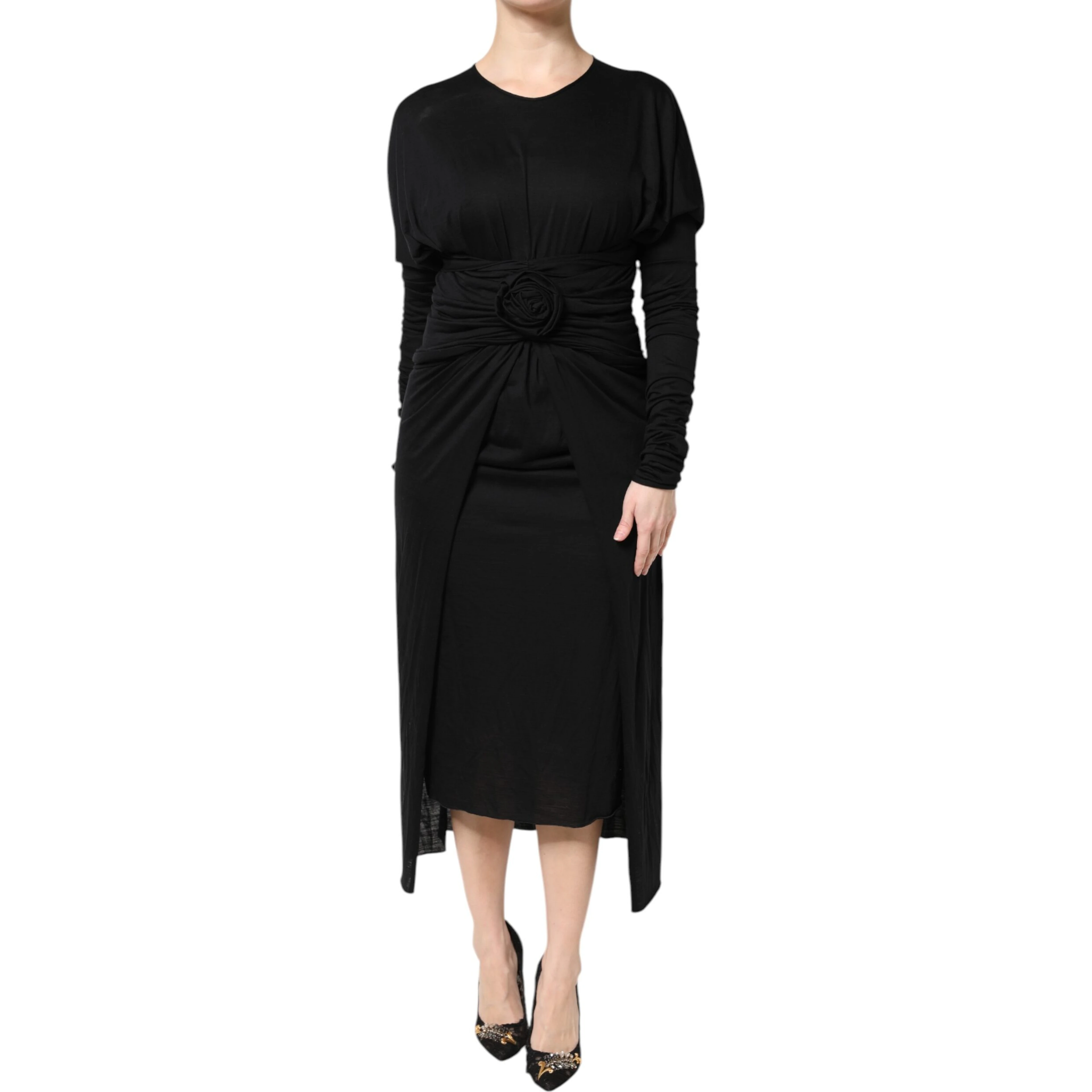 Black Wool Long Sleeves Sheath Midi Dress