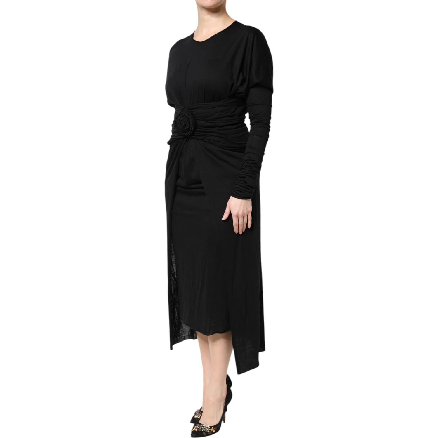 Black Wool Long Sleeves Sheath Midi Dress