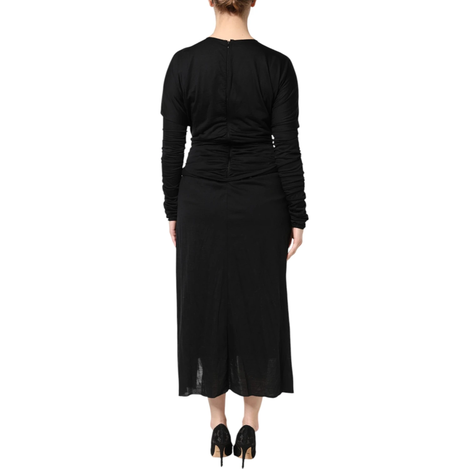 Black Wool Long Sleeves Sheath Midi Dress
