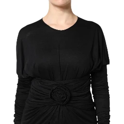 Black Wool Long Sleeves Sheath Midi Dress