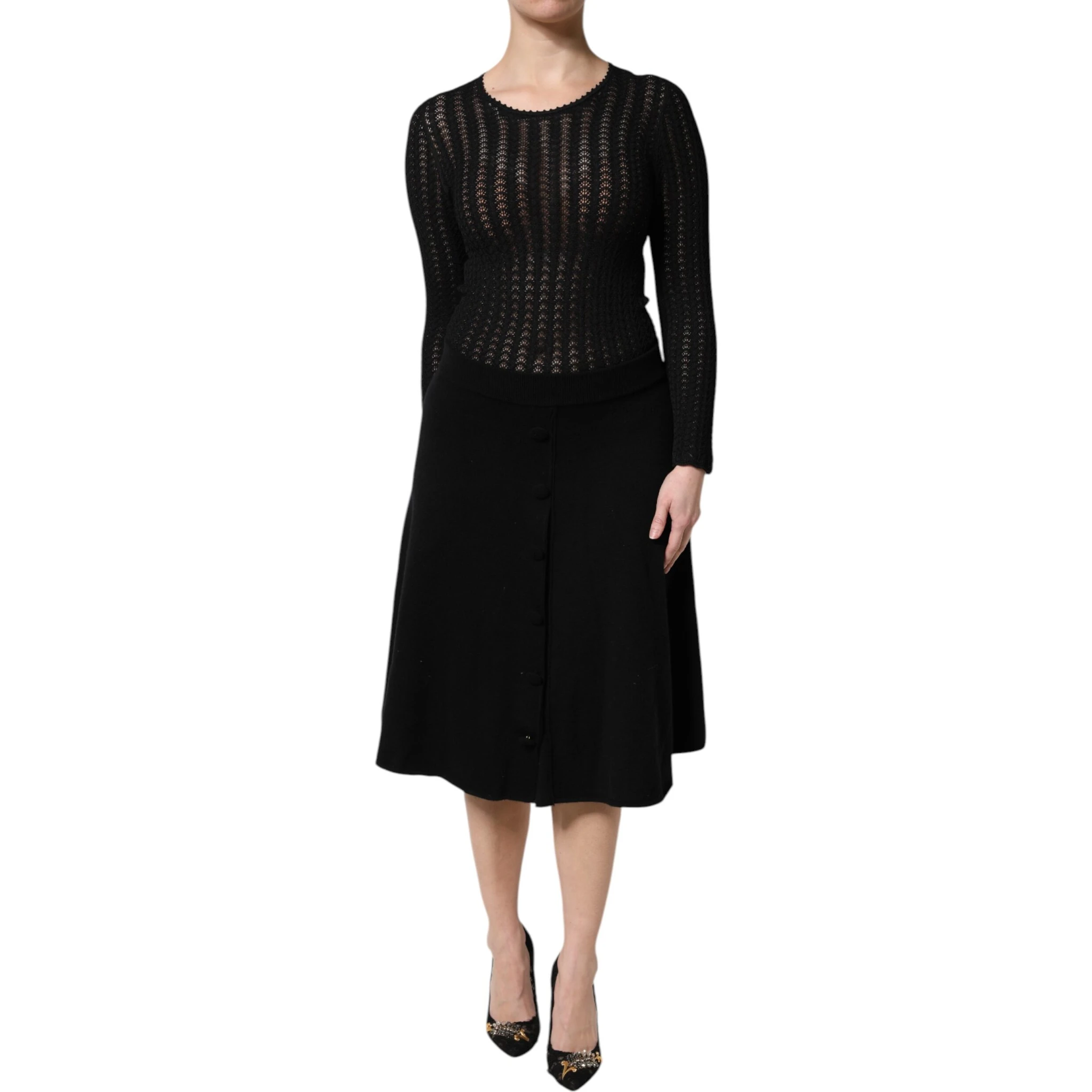 Black Cashmere Long Sleeves A-line Midi Dress