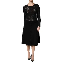 Black Cashmere Long Sleeves A-line Midi Dress