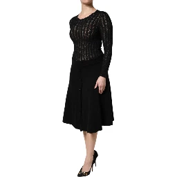 Black Cashmere Long Sleeves A-line Midi Dress