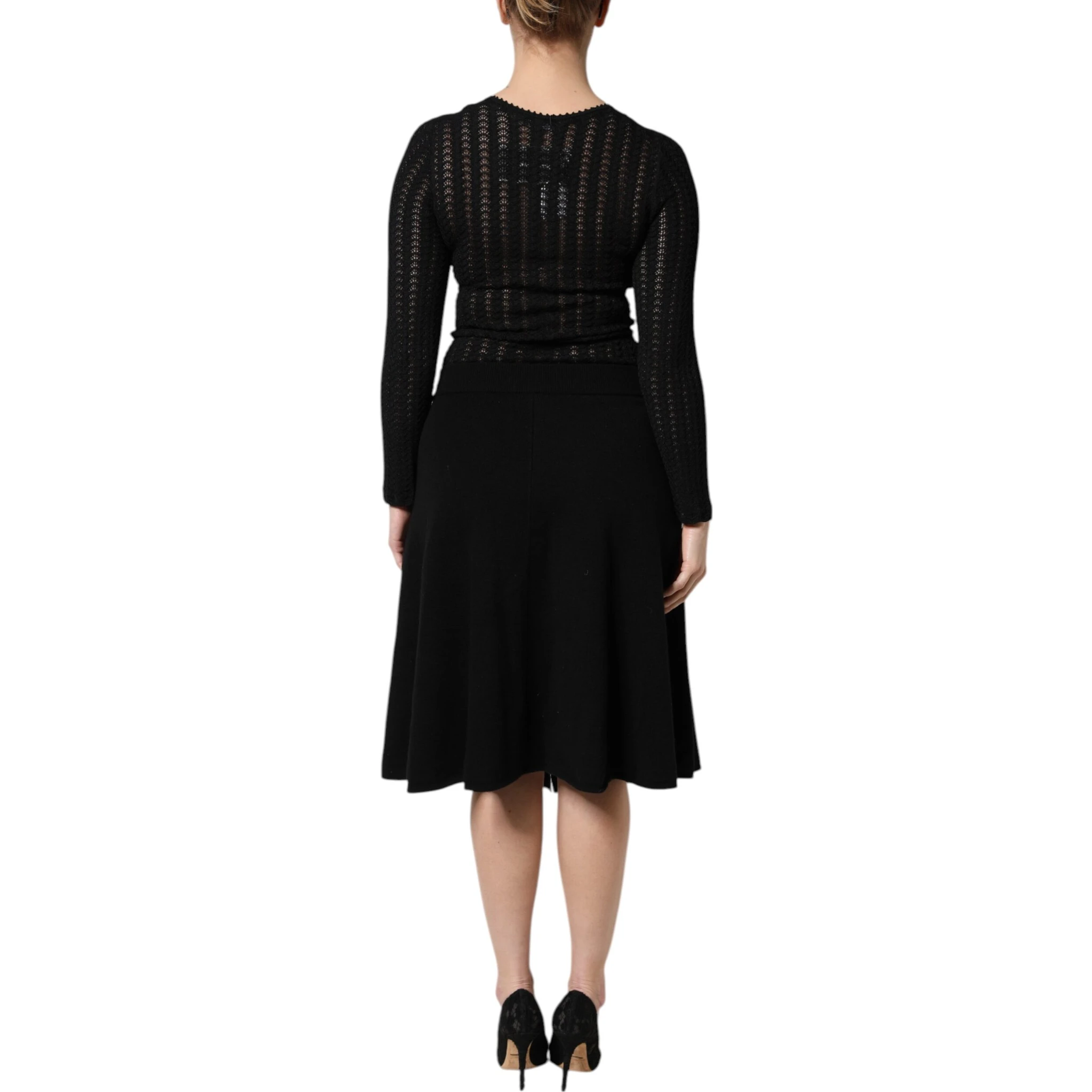 Black Cashmere Long Sleeves A-line Midi Dress