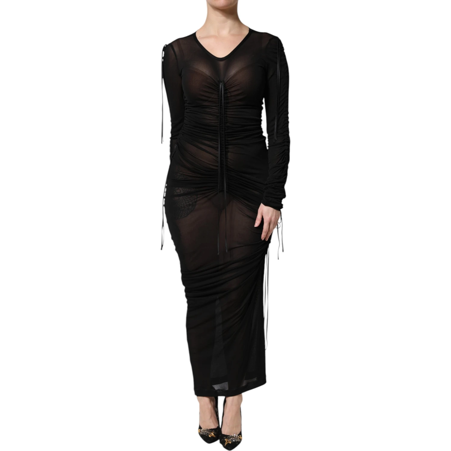 Black Mesh Trim Bodycon Long Sheath Dress
