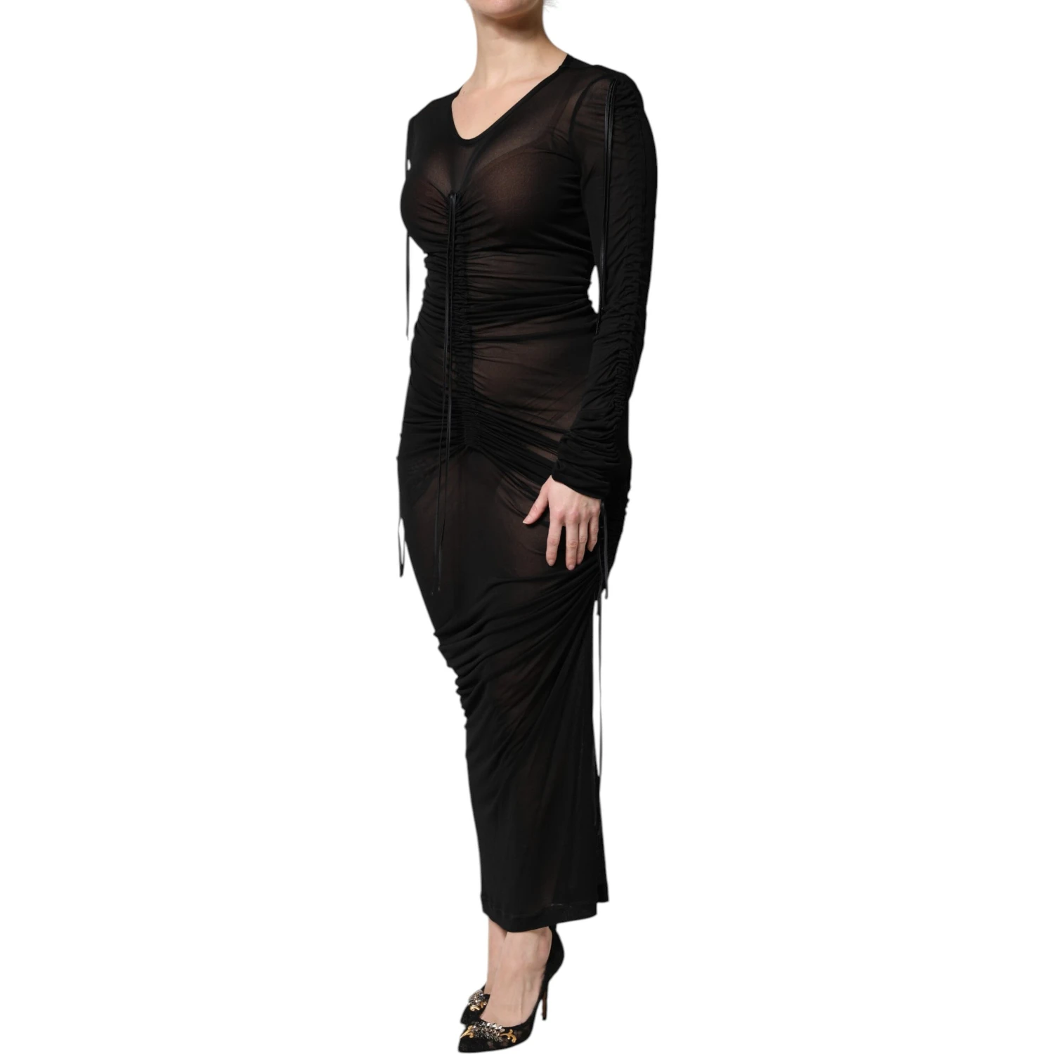 Black Mesh Trim Bodycon Long Sheath Dress
