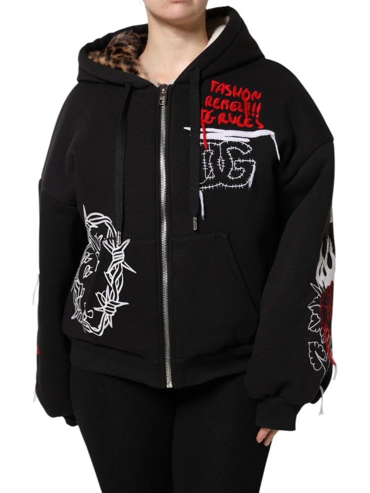 Black Embroidered Full Zip Hooded Jacket