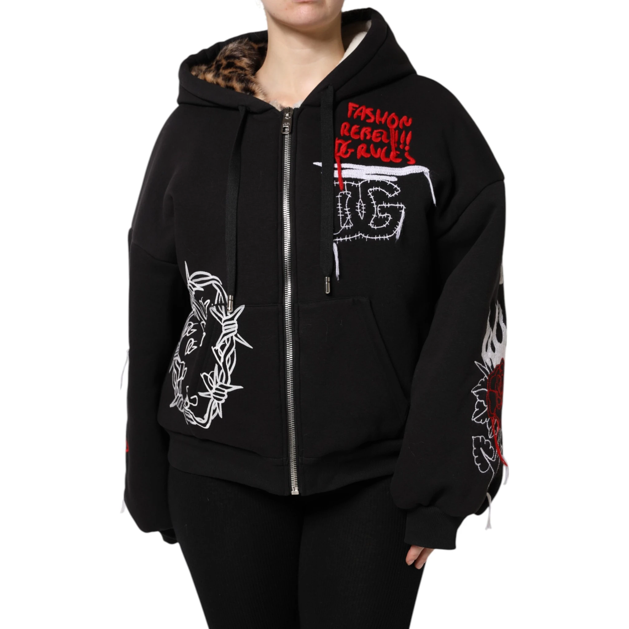 Black Embroidered Full Zip Hooded Jacket